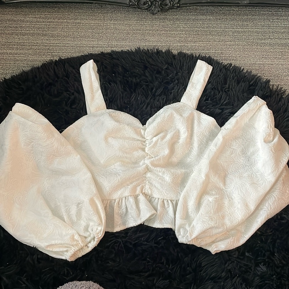 White crop top off the shoulder